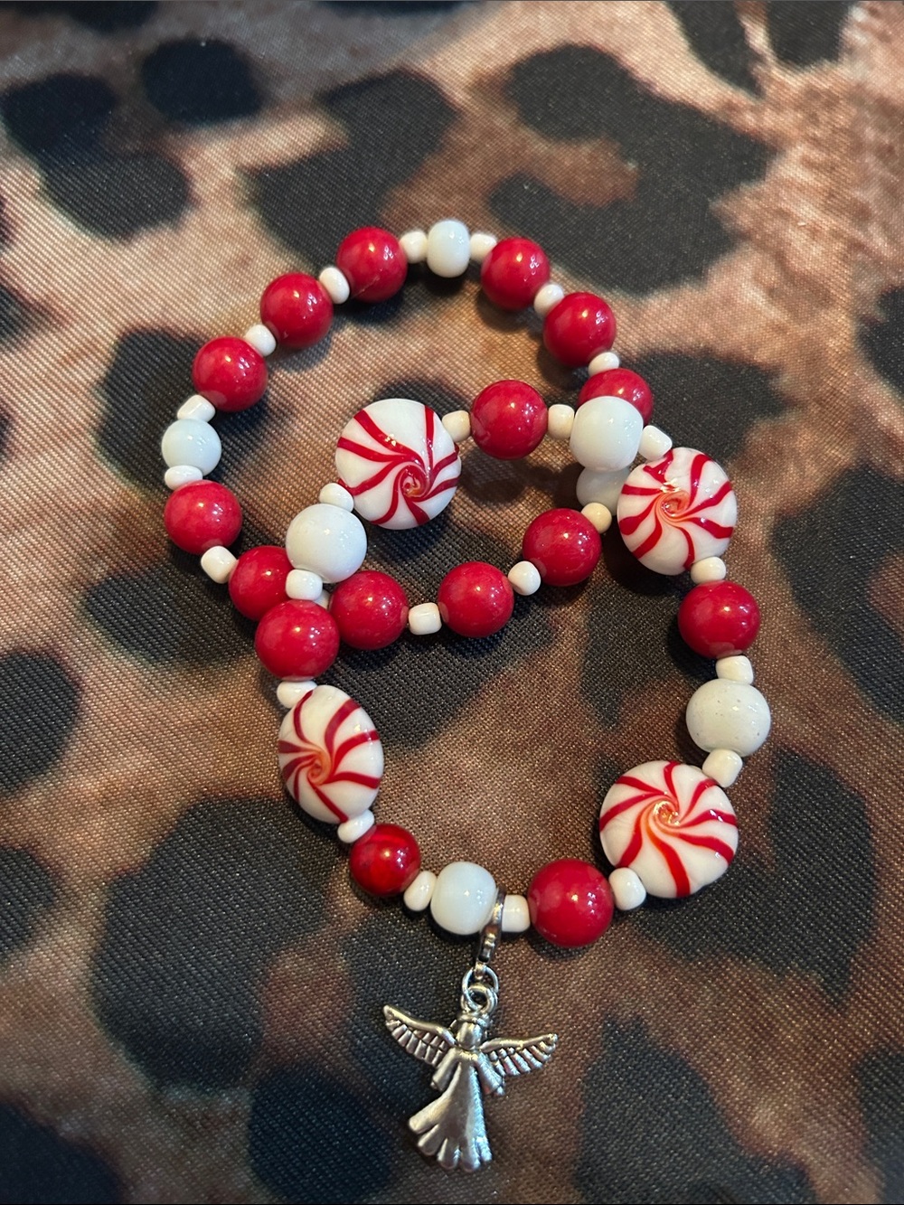 Hand Crafted Red & White Beaded Angel Charm Bracelet